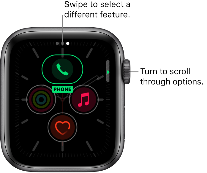 The customize screen for the Meridian watch face with Phone complication highlighted. Turn the Digital Crown to change options.