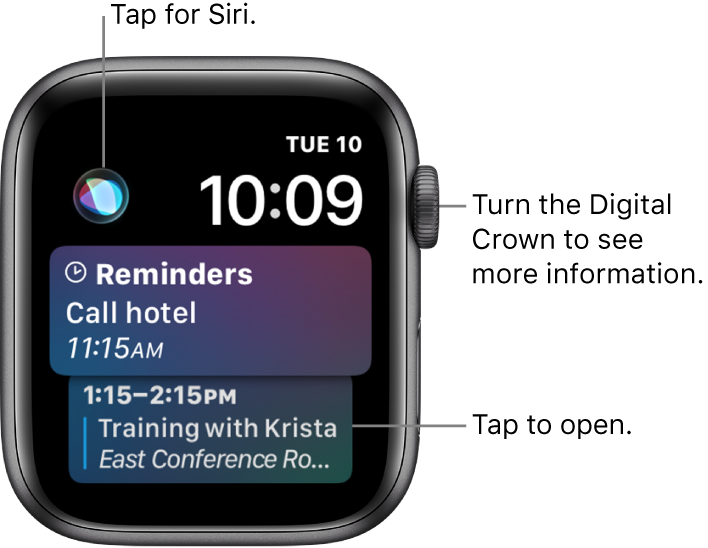 The Siri watch face showing a reminder and a calendar event. A Siri button is at the top-left of the screen. The date and time are at the top right.