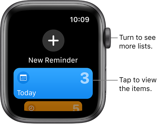 The Reminders screen showing a large New Reminder button near the top. Below is a list called Today. Tap a list to view the items in it, or turn the Digital Crown to see more lists.