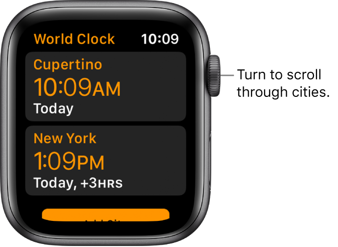 The World Clock app with list of cities and scroll bar.