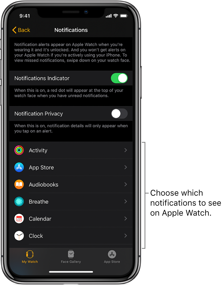 The Notifications screen in the Apple Watch app on iPhone, showing sources of notifications.