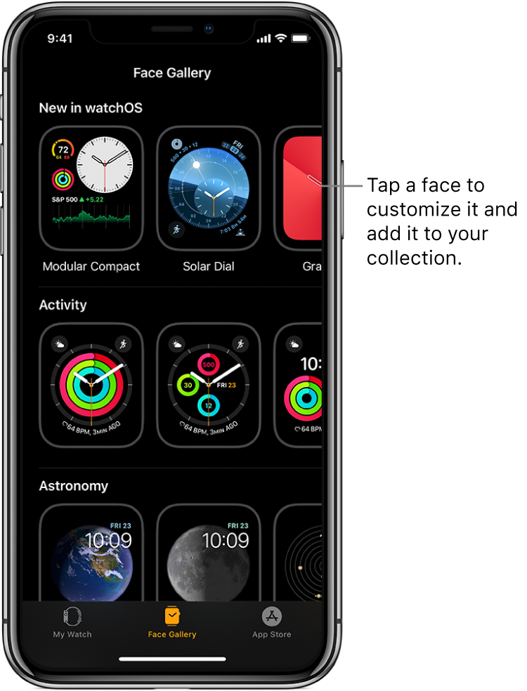 Apple Watch app open to the Face Gallery. The top row shows faces that are new, the next rows show watch faces grouped by type—Activity and Astronomy, for example. You can scroll to see more faces grouped by type.