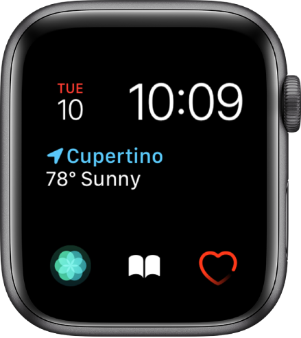 The Modular watch face, where you can adjust the color of the watch face. It shows the time and date near the top, the Weather Conditions complication in the middle, and three subdial complications along the bottom: Breathe, Audiobooks, and Heart Rate.