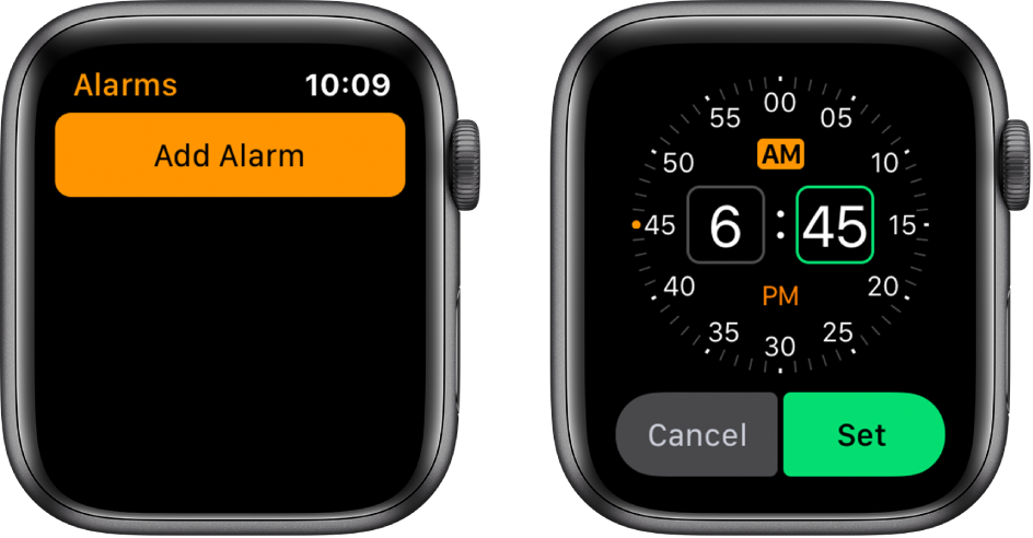 Two watch screens showing the process for adding an alarm: Tap Add Alarm, tap AM or PM, turn Digital Crown to adjust the time, then tap Set.