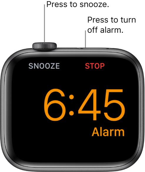 An Apple Watch placed on its side, with the screen showing an alarm that’s gone off. Below the Digital Crown is the word “Snooze.” The word “Stop" is below the side button.