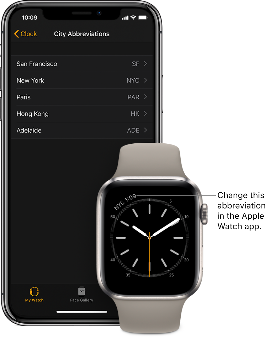 An iPhone and Apple Watch, side by side. The Apple Watch screen shows the time in New York City, using the abbreviation NYC. The iPhone screen shows the list of cities in City Abbreviations settings, in Clock settings in the Apple Watch app.