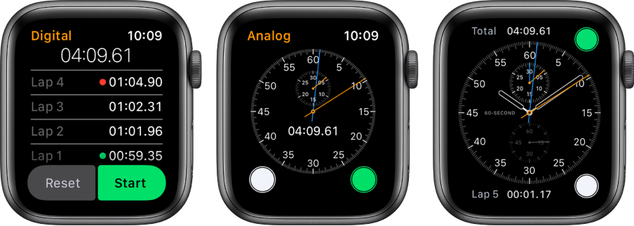 Three watch faces showing three types of stopwatch: A digital stopwatch in the Stopwatch app, an analog stopwatch in the app, and the stopwatch controls available from the Chronograph watch face.
