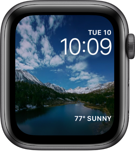 The Timelapse watch face shows timelapse video of a scenic locale. At the bottom is the Weather complication.