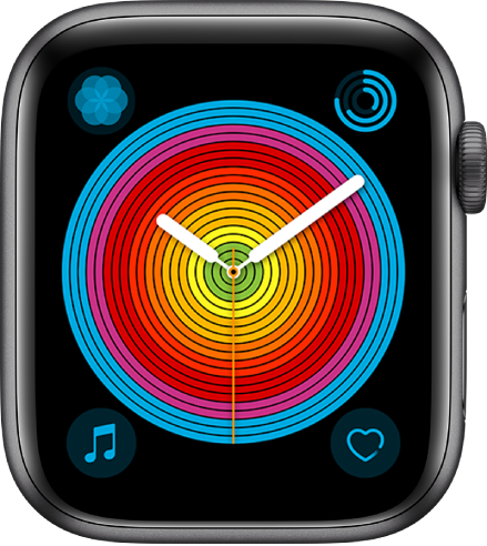 The Pride Analog watch face using the Circular style. There are four complications shown: Breathe at the top left, Activity at the top right, Music at the bottom left, and Heart Rate at the bottom right.