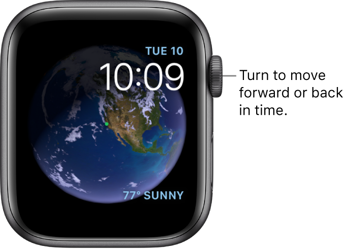 The Astronomy watch face, which displays the day, date, and current time. A Weather complication is at the bottom right. Turn the Digital Crown to move forward or back in time.