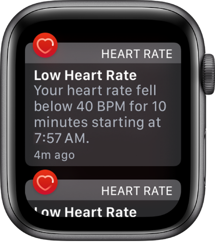 A Heart Rate Alert screen indicating that a low heart rate has been detected.