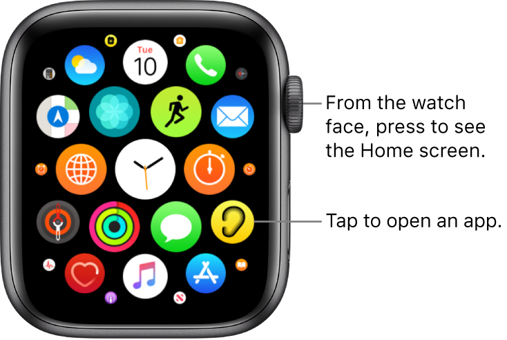 Home screen in grid view on Apple Watch, with apps in a cluster. Tap an app to open it. Drag to see more apps.
