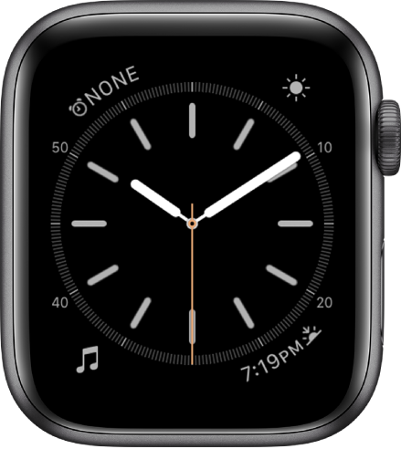 The Simple watch face, where you can adjust the color of the second hand and adjust the numbering and detail of the dial. There are four complications shown: Alarm at the top left, Weather at the top right, Music at the bottom left, and Sunrise/Sunset at the bottom right.