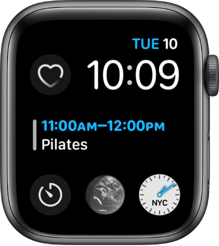 The Infograph Modular watch face showing the day, date, and time at the top right, Calendar is in the middle, and three subdials near the bottom.