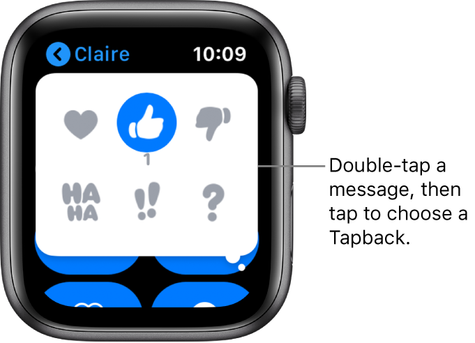 A Messages conversation with Tapback options: heart, thumbs up, thumbs down, Ha Ha, !!, and ?.