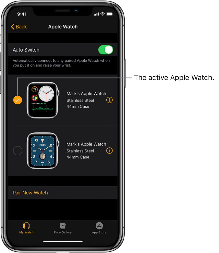 Checkmark shows the active Apple Watch.
