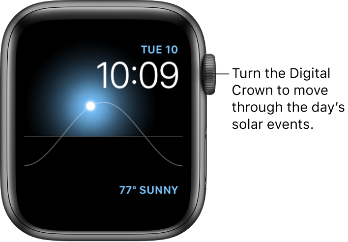 The Solar watch face displays the day, date, and current time, which can’t be modified. A Weather complication appears at the bottom right. Turn the Digital Crown to move the sun in the sky to dusk, dawn, zenith, sunset, and darkness.