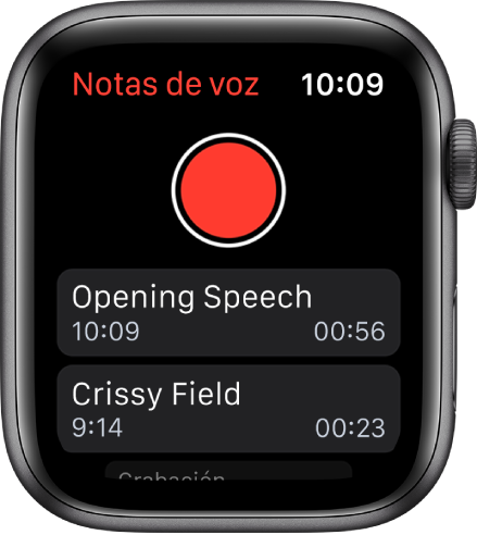 Apple Watch mostrando la pantalla de Notas de Voz. Hay un botón rojo de grabación en la esquina superior. Debajo aparecen dos notas grabadas. Muestran la hora a la que se grabaron y su duración.