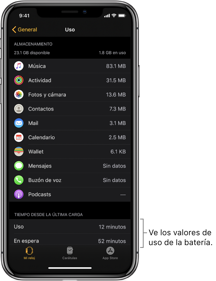 En la pantalla Uso de la app Apple Watch puedes ver los valores de energía para Uso, En espera y Modo de ahorro en la mitad inferior de la pantalla.