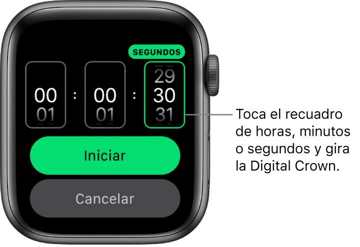 Configuración para crear un temporizador personalizado, con las horas en la izquierda, los minutos en el centro y los segundos en la derecha. El botón Iniciar está abajo.