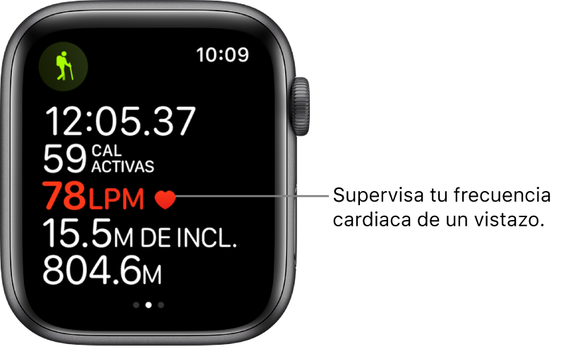 Una pantalla mostrando las estadísticas de entrenamiento, incluyendo el tiempo transcurrido y la frecuencia cardiaca. El texto dice: "Monitorea tu frecuencia cardiaca de un vistazo.