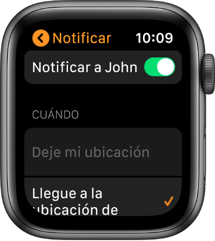 La pantalla Notificar de la app Buscar Personas. La función Notificar está activada y la opción "Cuando llegue a la ubicación de Juan" está seleccionada.