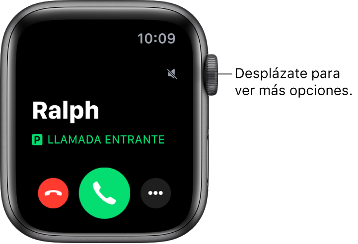 Pantalla del Apple Watch cuando recibes una llamada. Se muestra el nombre de la persona que llama, las palabras "Llamada entrante", el botón rojo Rechazar, el botón verde Contestar y el botón "Más opciones".