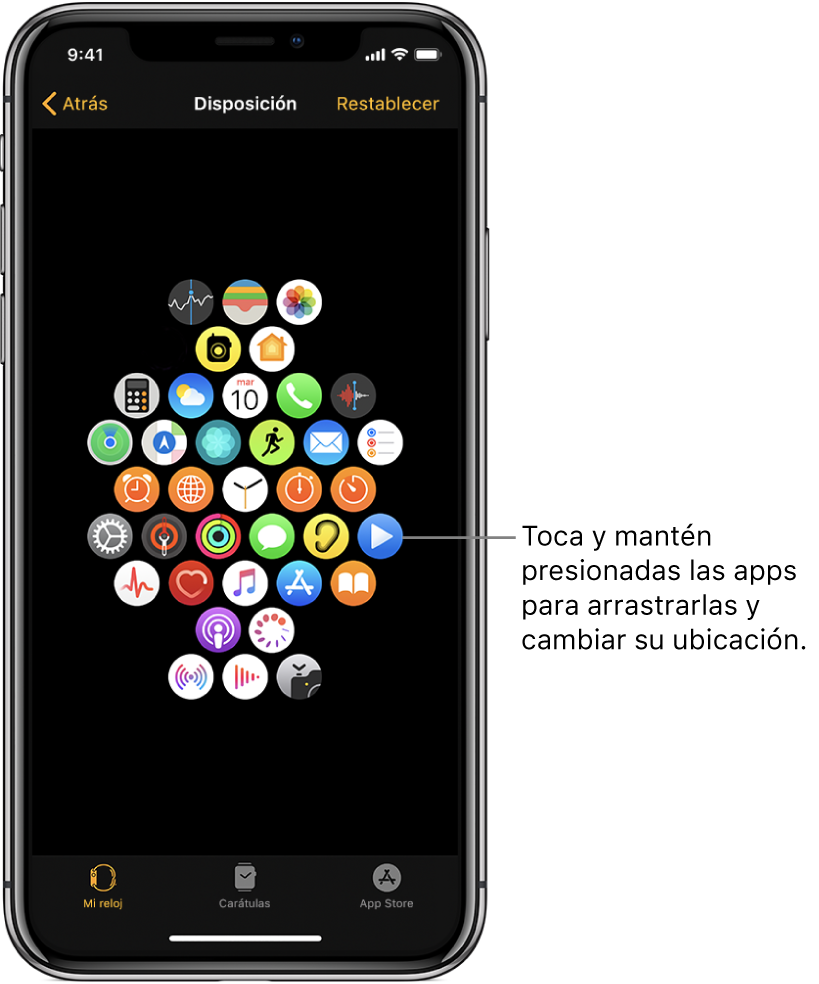 La pantalla con la disposición en la app Apple Watch, mostrando una cuadrícula de íconos. Un texto señala el ícono de una app y dice “Toca sin soltar y luego arrastra las apps para cambiar su ubicación”.