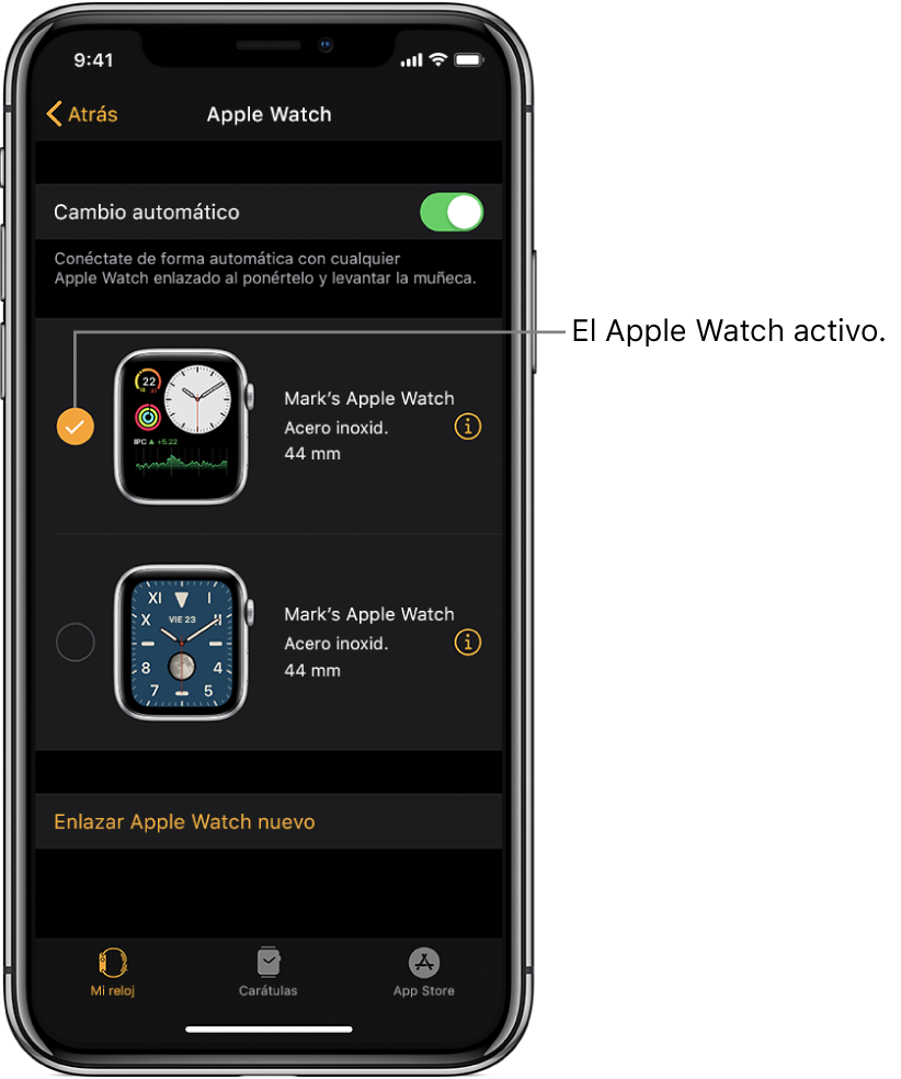La marca de verificación muestra el Apple Watch activo.