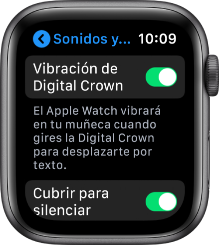La pantalla "Vibración de Digital Crown" mostrando la vibración de la Digital Crown activada.