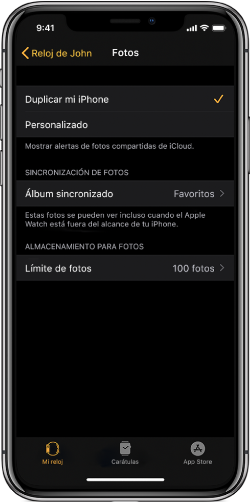 La configuración de Fotos en la app Apple Watch en el iPhone, con la configuración "Álbum sincronizado" en el centro y la configuración "Límite de fotos" abajo.