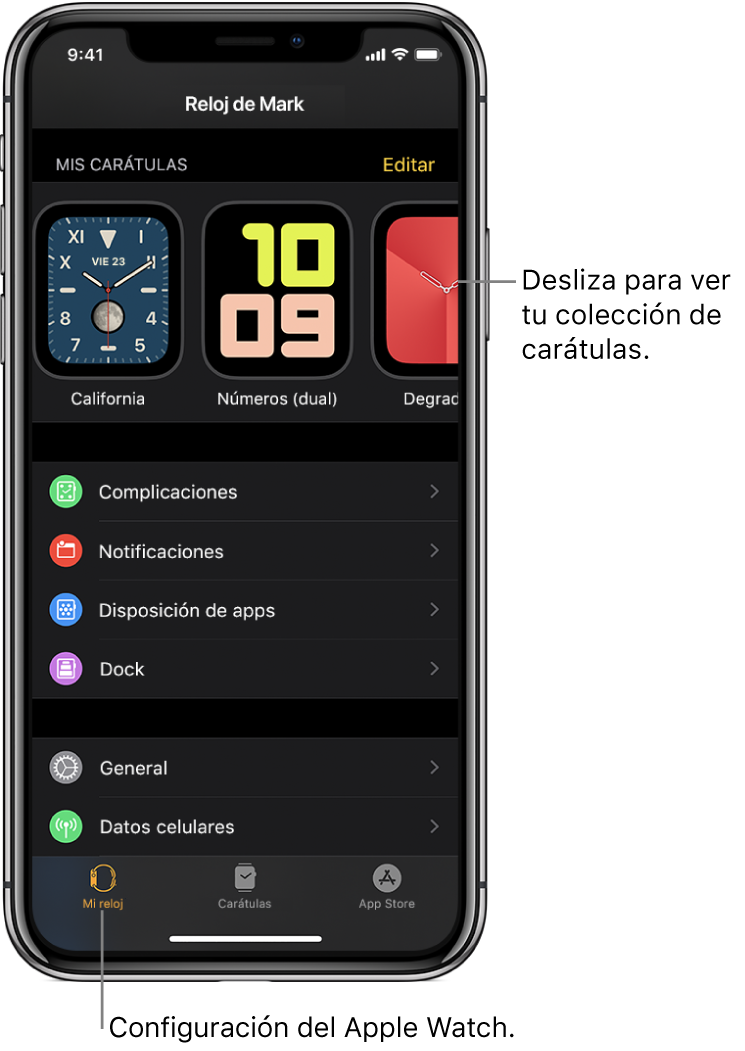 La app Apple Watch del iPhone abierta en la pantalla "Mi Reloj", que muestra tus carátulas cerca de la parte superior y la configuración abajo. tres pestañas en la parte inferior de la pantalla de la app Apple Watch: la izquierda es “Mi reloj”, donde está la configuración del Apple Watch; luego está la “Galería de carátulas”, donde puedes explorar las carátulas y disponibles; luego App Store donde puedes descargar apps para el Apple Watch.