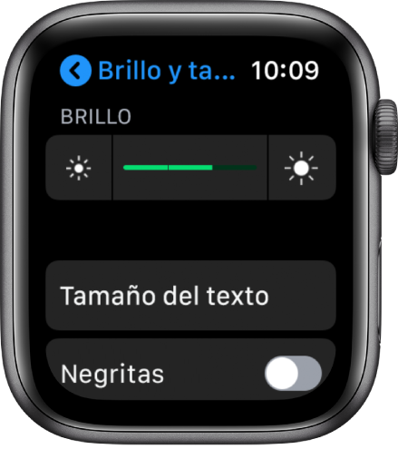 Configuración de brillo en el Apple Watch, con el regulador Brillo en la parte superior, el botón de "Tamaño de texto" debajo y el control de "Negritas" en la parte inferior