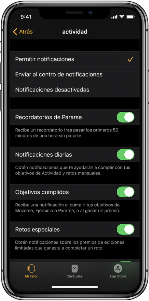 La pantalla Actividad en la app Apple Watch, en donde puedes personalizar las notificaciones que deseas obtener.