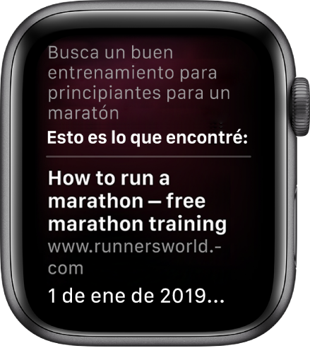 Siri respondiendo a la pregunta "¿Cuál es un buen plan de entrenamiento de maratón para principiantes?" con resultados de Internet.