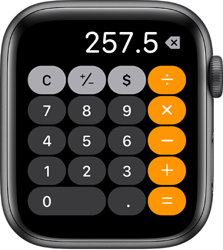 Apple Watch mostrando la app Calculadora. La pantalla muestra un teclado numérico con funciones matemáticas a la derecha. En la parte superior se encuentran los botones C, más, menos y de propina.