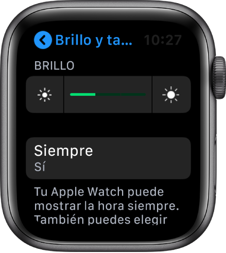 Pantalla del Apple Watch mostrando el botón Siempre en la pantalla "Brillo y tamaño del texto"