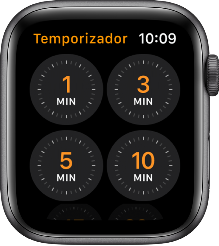 Pantalla de la app Temporizador mostrando temporizadores de 1, 3, 5 o 10 minutos.