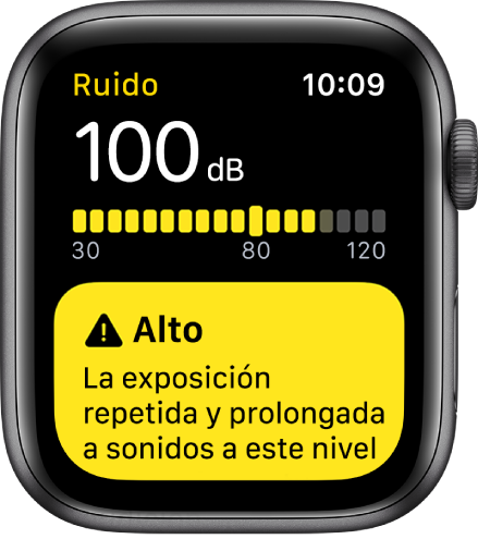 Pantalla de la app Ruido mostrando un nivel de decibeles de 100 dB. Debajo se muestra una advertencia.