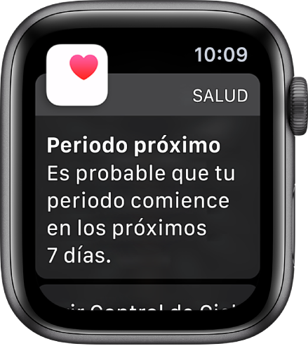 Apple Watch mostrando una pantalla de predicción de periodo que dice "Periodo próximo". Es probable que tu periodo comience la próxima semana. El botón "Abrir Control de Ciclos" se muestra en la parte inferior.