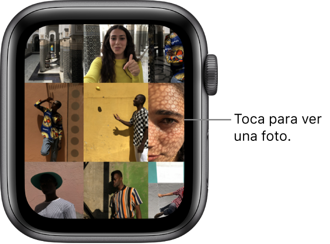 La pantalla principal de la app Fotos en el Apple Watch con varias fotos en una cuadrícula.