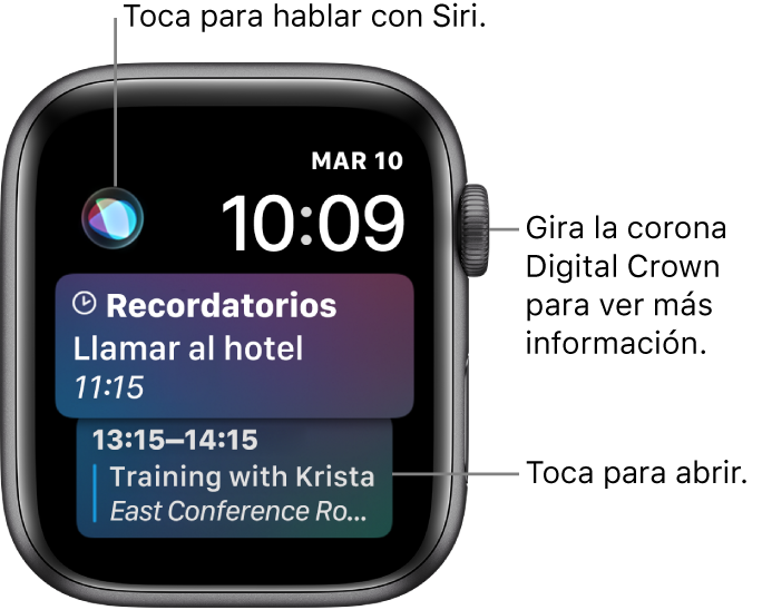 La carátula Siri mostrando un recordatorio y un evento de calendario. Un botón de Siri en el área superior izquierda de la pantalla. La fecha y el tiempo están en la esquina superior derecha.