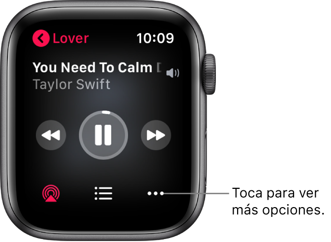 La pantalla de "Ahora suena" de la app Música. El nombre del álbum está en la parte superior izquierda. El título de la canción y el artista aparecen en la parte superior, los controles de reproducción están en el medio y los botones de opciones, lista de pistas y AirPlay están en la parte inferior.
