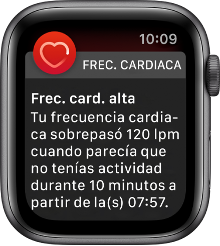 La pantalla “Frecuencia cardiaca alta” mostrando una notificación que indica que tu frecuencia es mayor a 120 LPM cuando llevas 10 minutos inactivo.