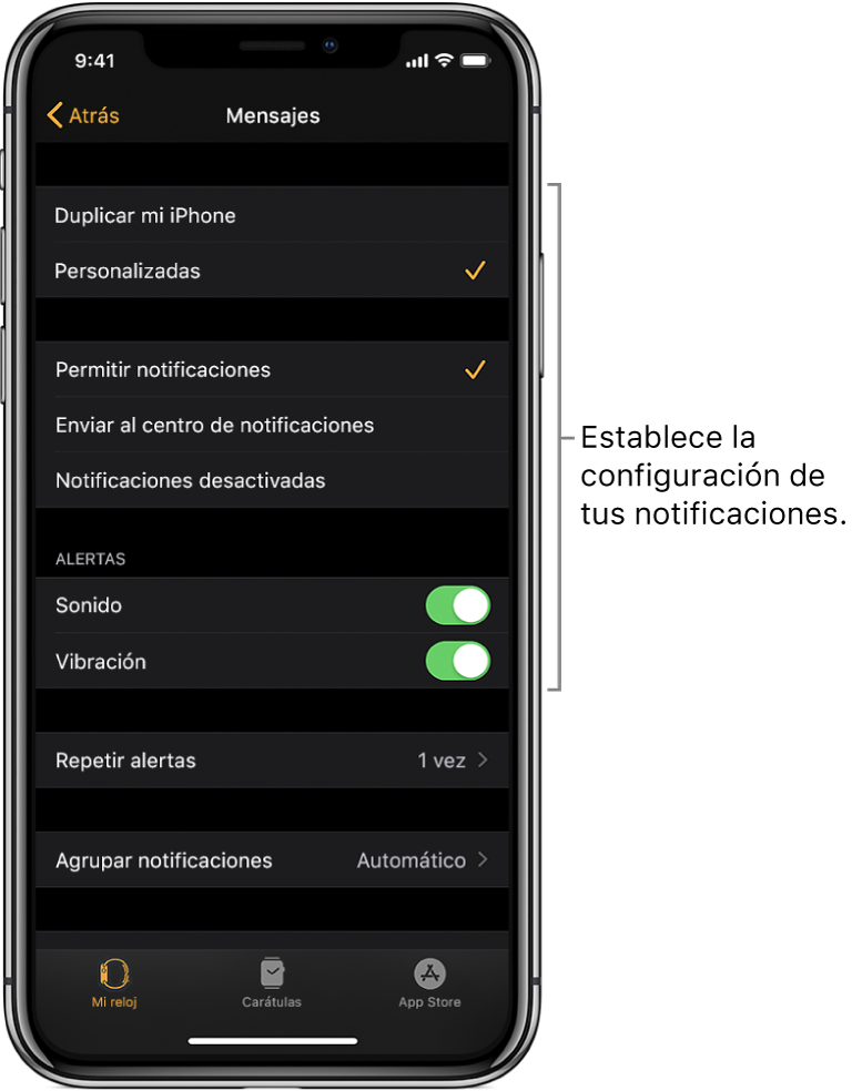Configuración de Mensajes en la app Apple Watch en el iPhone. Puedes elegir si quieres mostrar alertas, activar el sonido, activar la vibración y repetir alertas.