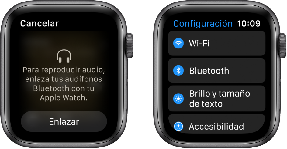 Si cambias la fuente de audio a tu Apple Watch antes de enlazar las bocinas o audífonos Bluetooth, aparecerá el botón "Conectar un dispositivo" cerca de la parte inferior de la pantalla que te lleva a la configuración Bluetooth de tu Apple Watch, donde podrás agregar un dispositivo.