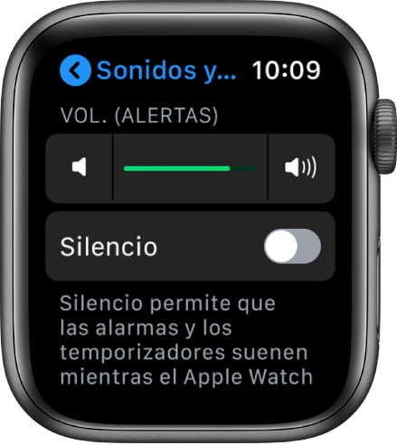 Configuración "Sonidos y vibración" en el Apple Watch, con el regulador "Volumen de alerta" en la parte superior y el botón del modo silencio debajo de él.