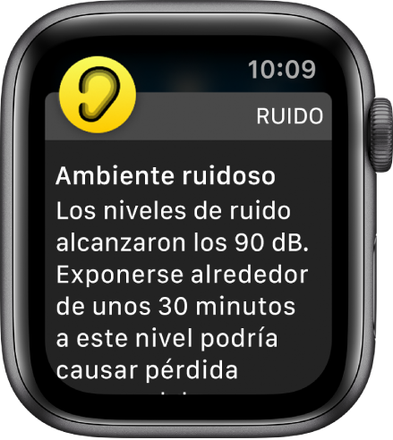 Apple Watch mostrando una notificación de ruido. El ícono de la app asociada con la notificación aparece en la esquina superior izquierda. Puedes tocarlo para abrir la app.