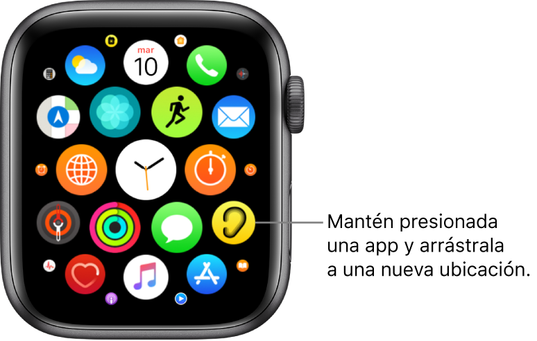 Pantalla de inicio del Apple Watch en la visualización como cuadrícula. El globo dice "Mantén presionada una app y arrástrala a otro lugar".