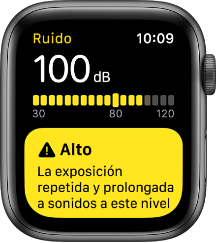 La app Ruido mostrando una lectura de 100 dB. Debajo se muestra una advertencia sobre la exposición prolongada a este nivel de sonido.